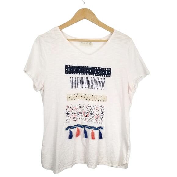 Zenergy by Chico's Tassel Embroidered Embellished T-Shirt White Size XL - Picture 1 of 9